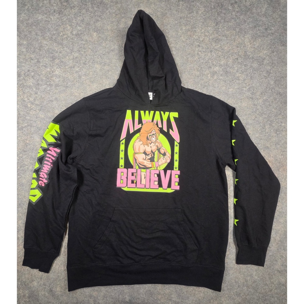 WWE Ultimate Warrior Always Believe Hoodie Black Neon Mens XL Wrestling Pullover